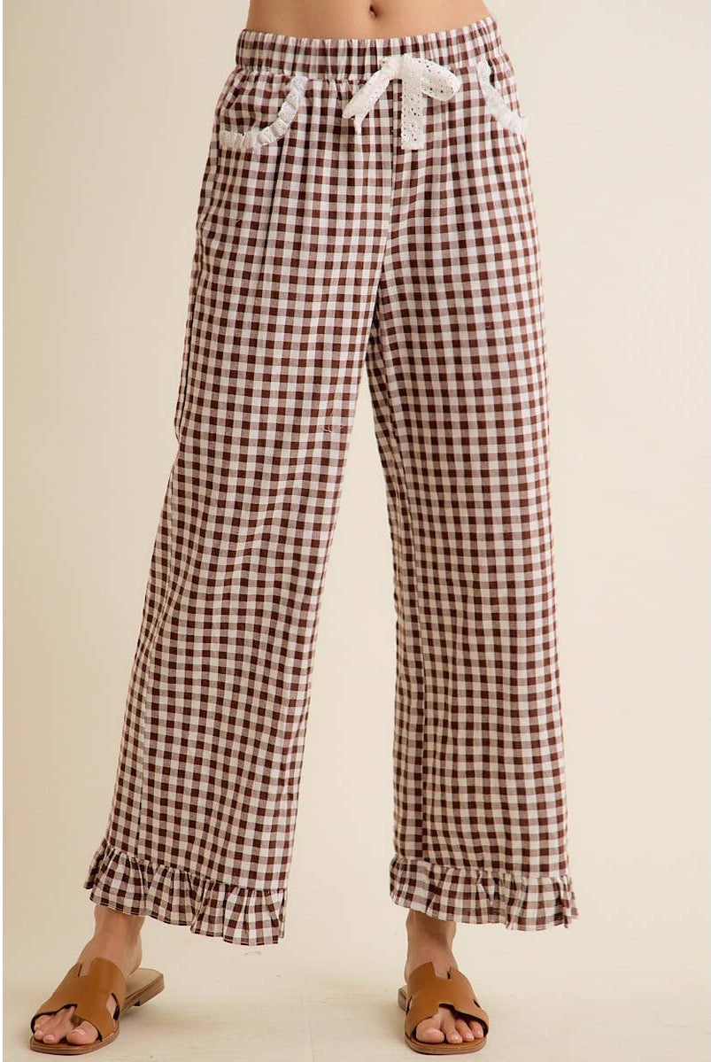 GINGHAM LACE RUFFLED PULL ON PANTS-So Me-Stuffology - Where Vintage Meets Modern, A Boutique for Real Women in Crosbyton, TX
