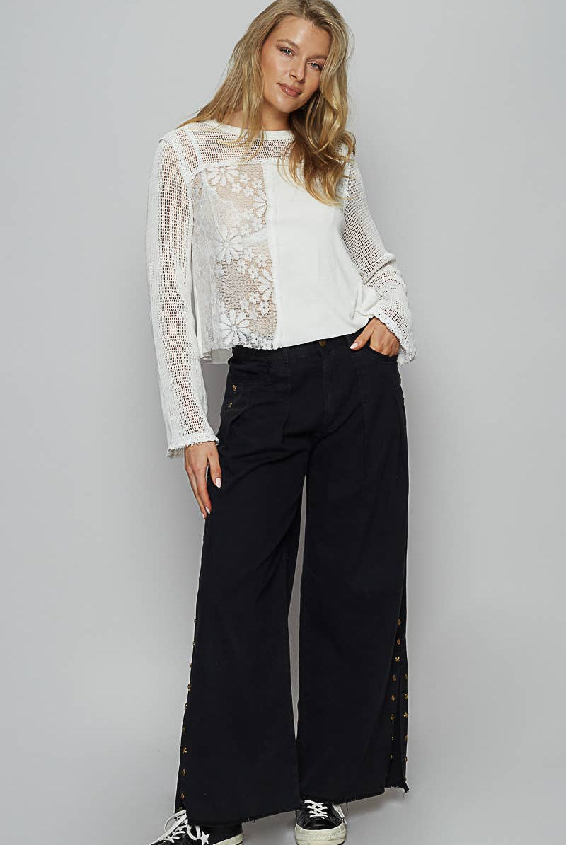 POL Clothing - Solid Stud Detail Twill Wide Woven Pants-Pol Clothing-Stuffology - Where Vintage Meets Modern, A Boutique for Real Women in Crosbyton, TX