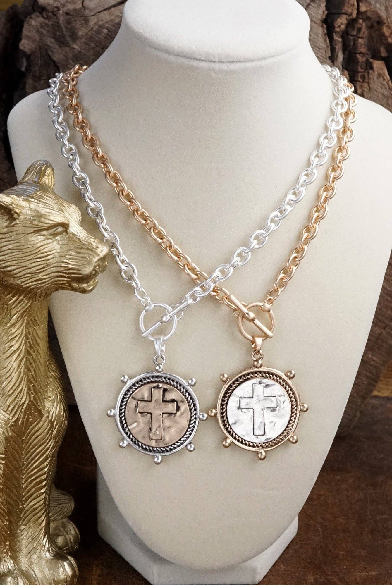 Cross Coin Chain Necklace with Front Toggle Closure – Silver or Gold Tone-Necklaces-PennyLine inc-Stuffology - Where Vintage Meets Modern, A Boutique for Real Women in Crosbyton, TX