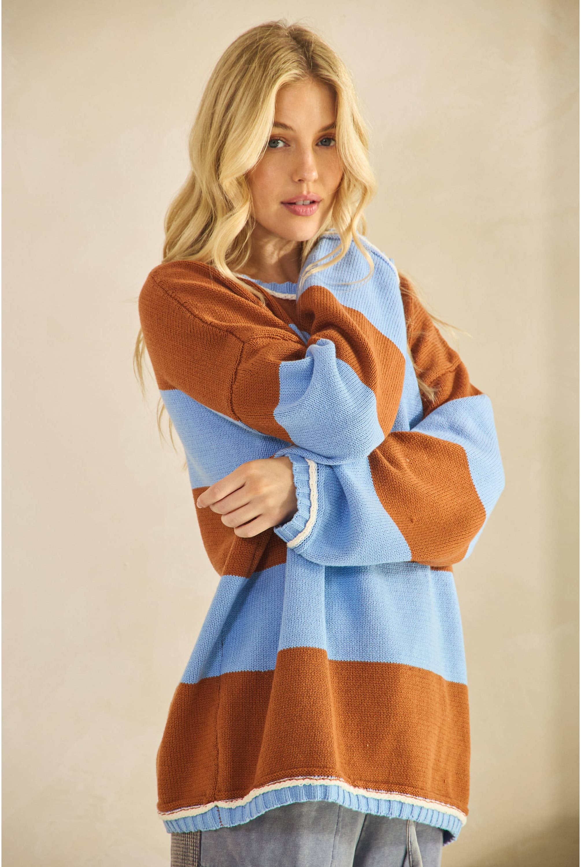 COLORBLOCK STRIPE SWEATER-Sweaters-Sage + Fig-Stuffology - Where Vintage Meets Modern, A Boutique for Real Women in Crosbyton, TX