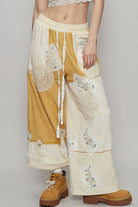 POL Clothing Honey Gold Solid Lace Patch Detail Woven Pants-Pants-Pol Clothing-Stuffology - Where Vintage Meets Modern, A Boutique for Real Women in Crosbyton, TX