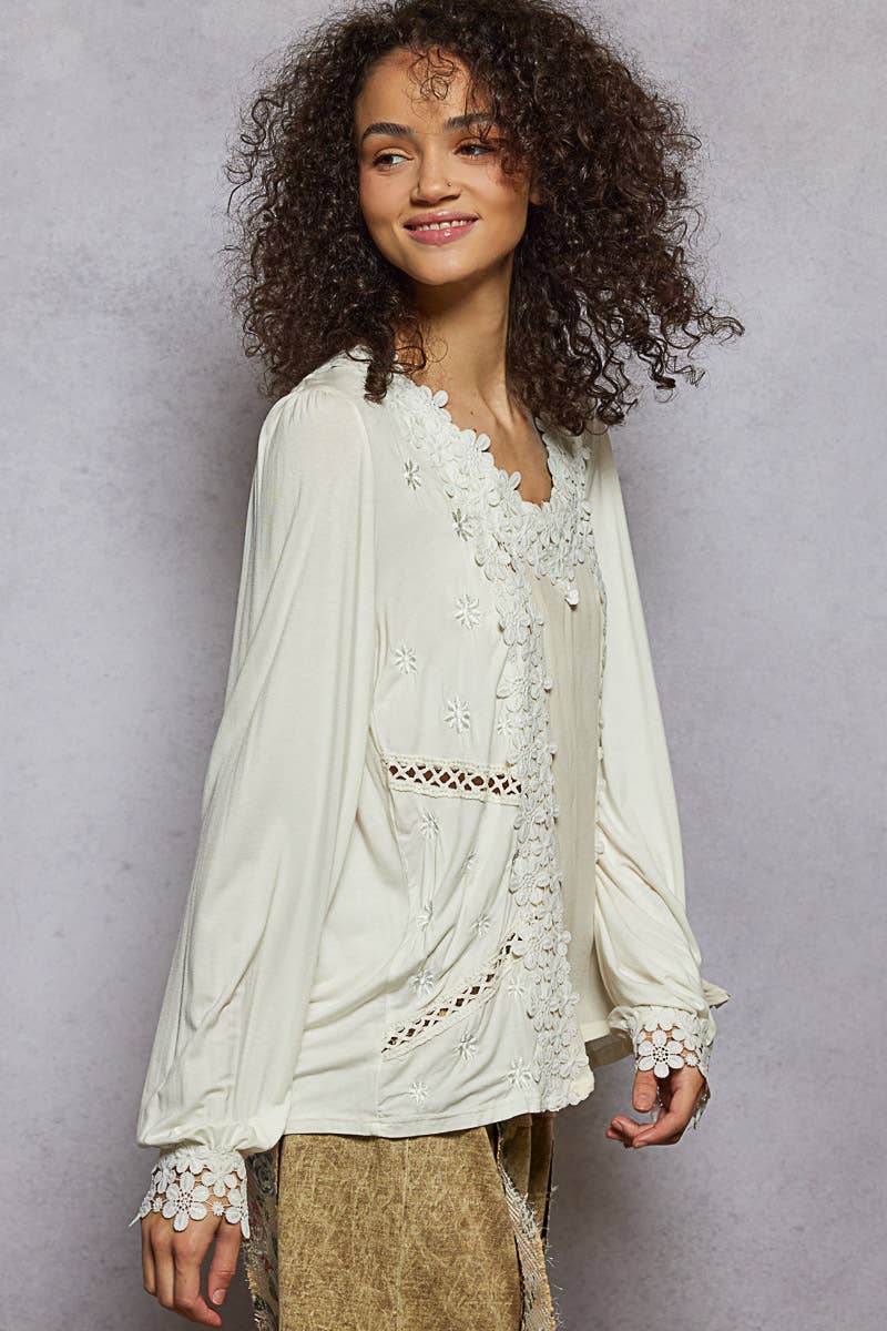 Long Sleeve Contrast Floral Lace Crochet V-Neck Top-Pol Clothing-Stuffology - Where Vintage Meets Modern, A Boutique for Real Women in Crosbyton, TX