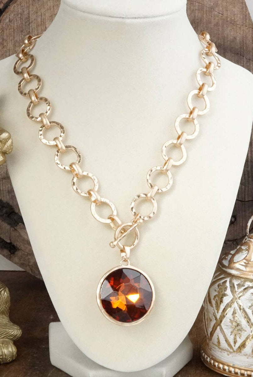 Gilded Radiance – Chunky Ring Chain Necklace with Sparkly Crystal-necklace-PennyLine inc-Stuffology - Where Vintage Meets Modern, A Boutique for Real Women in Crosbyton, TX