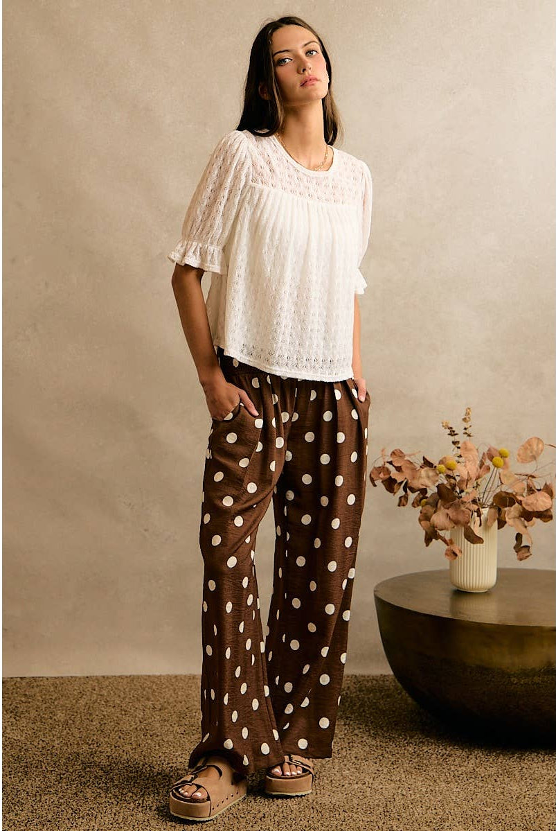 POLKA DOT CREPE SMOCKED POCKET WIDE LEG PANTS-So Me-Stuffology - Where Vintage Meets Modern, A Boutique for Real Women in Crosbyton, TX