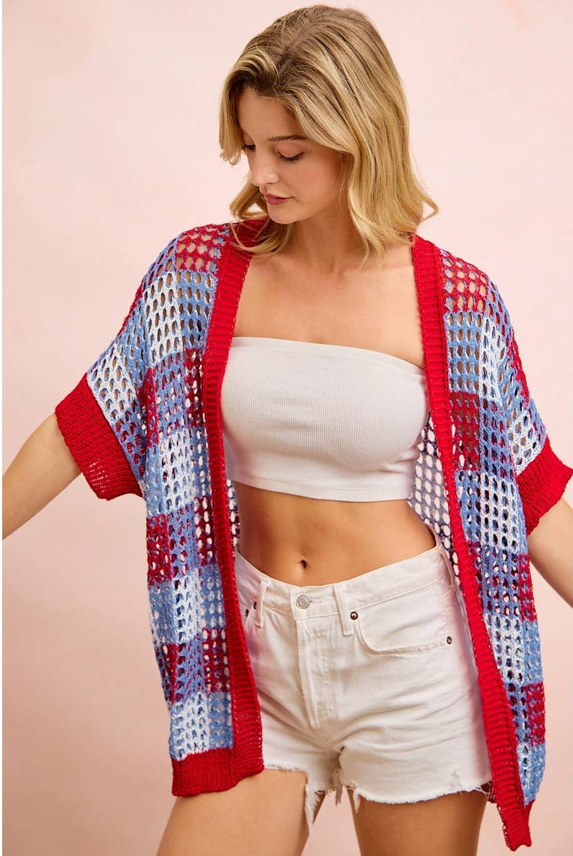 Checker Board Open Knit Cardigan-Cardigan-BiBi-Stuffology - Where Vintage Meets Modern, A Boutique for Real Women in Crosbyton, TX