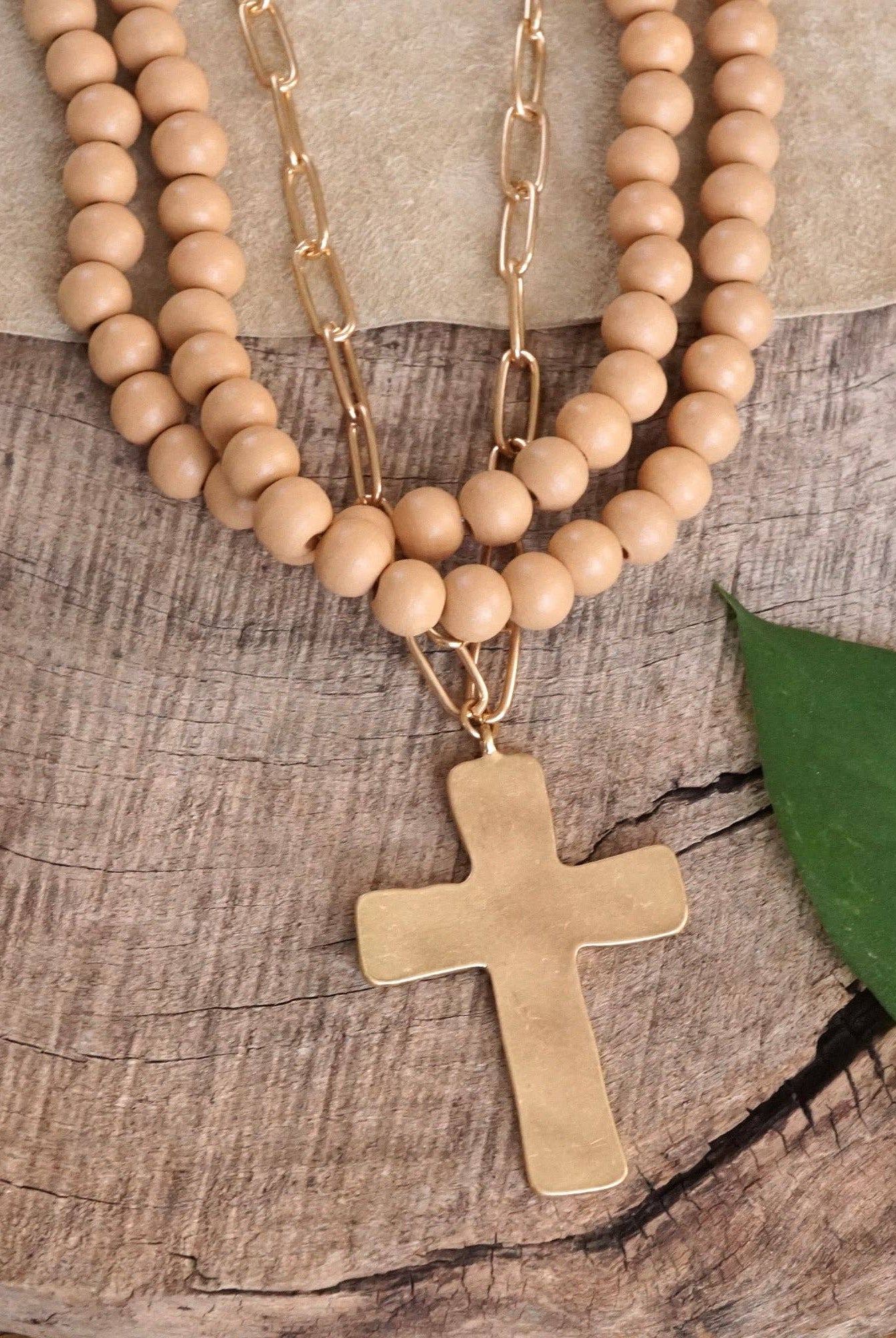 Multi Strand Wood Beads Short Statement Cross Necklace Natural Light Brown-Necklaces-PennyLine inc-Stuffology - Where Vintage Meets Modern, A Boutique for Real Women in Crosbyton, TX