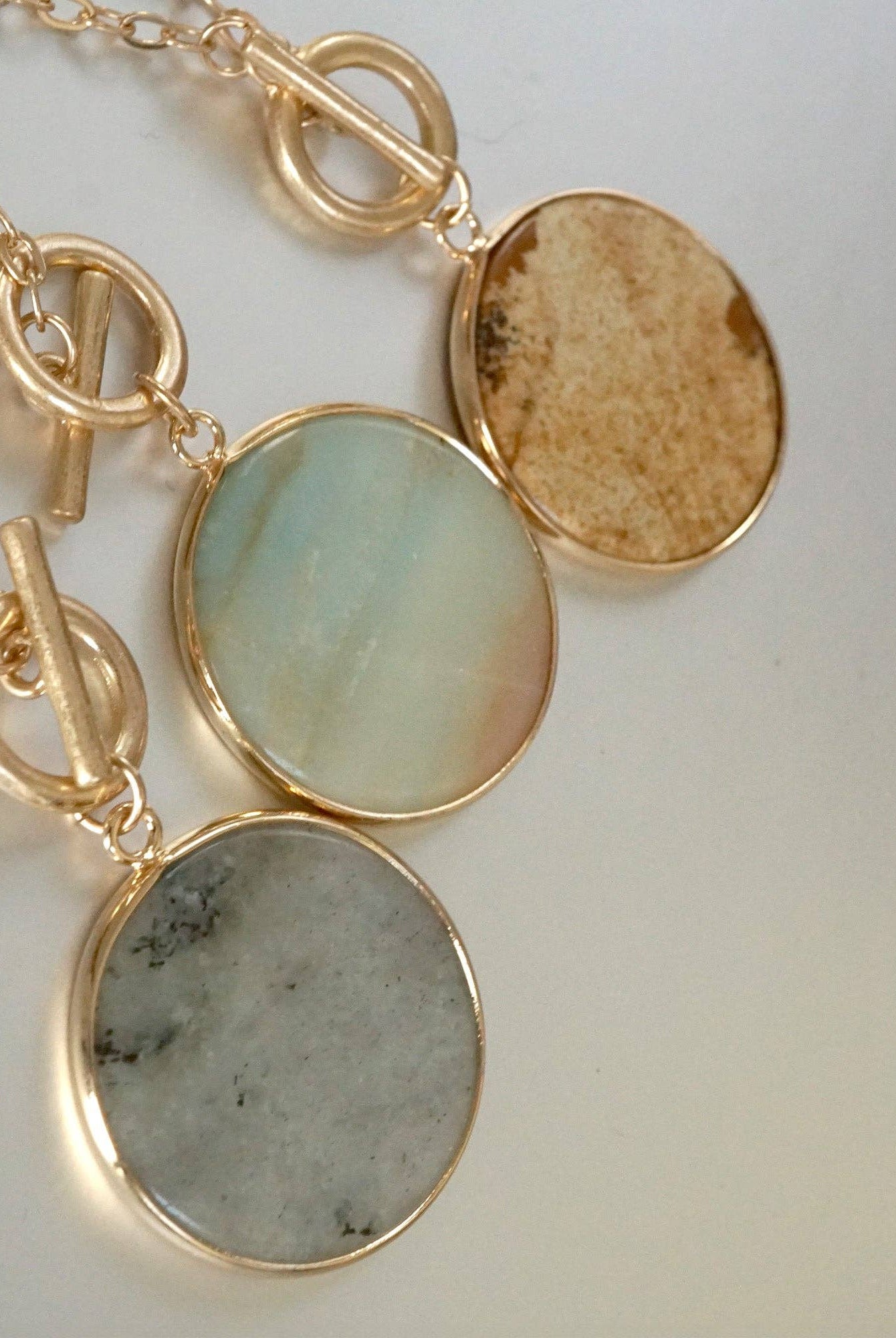 Semi-Precious Disc Pendant Front Toggle Chain Necklace-Necklaces-PennyLine inc-Stuffology - Where Vintage Meets Modern, A Boutique for Real Women in Crosbyton, TX