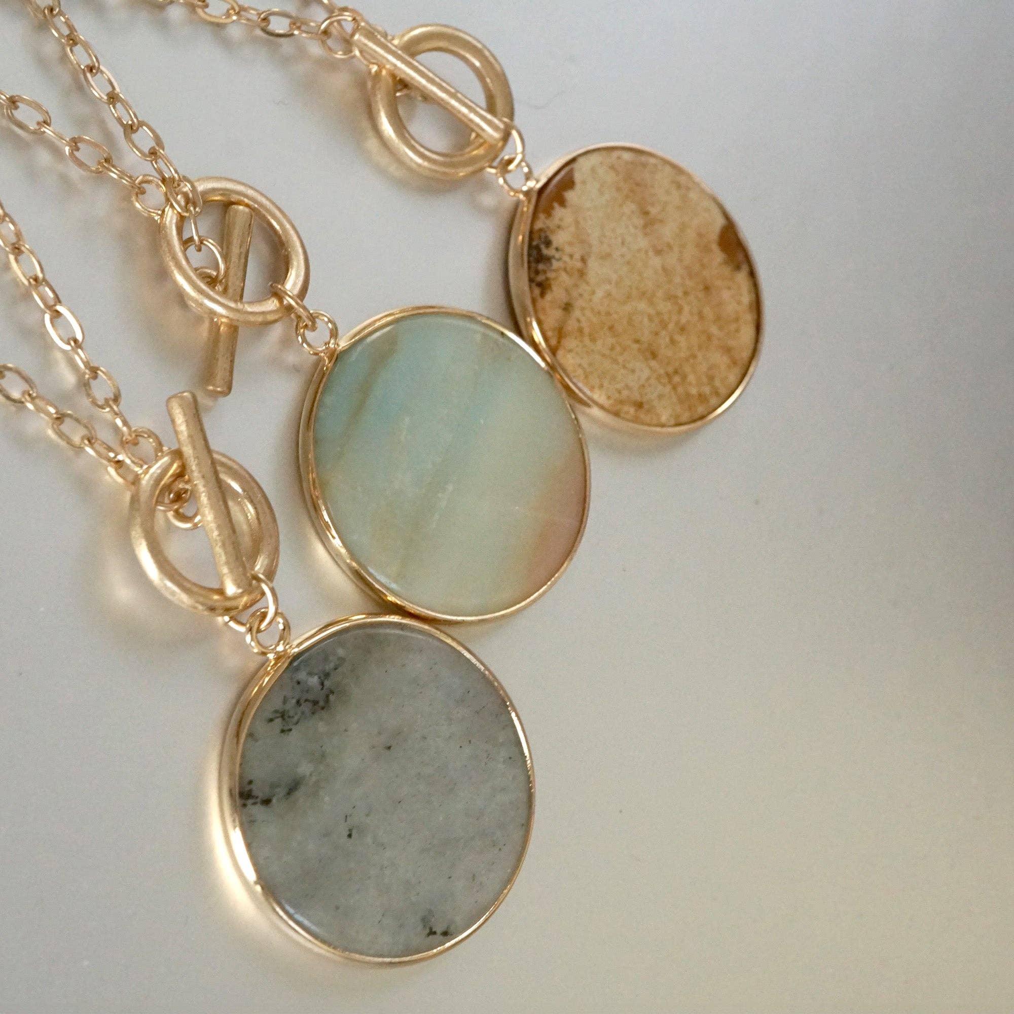 Semi-Precious Disc Pendant Front Toggle Chain Necklace-Necklaces-PennyLine inc-Stuffology - Where Vintage Meets Modern, A Boutique for Real Women in Crosbyton, TX