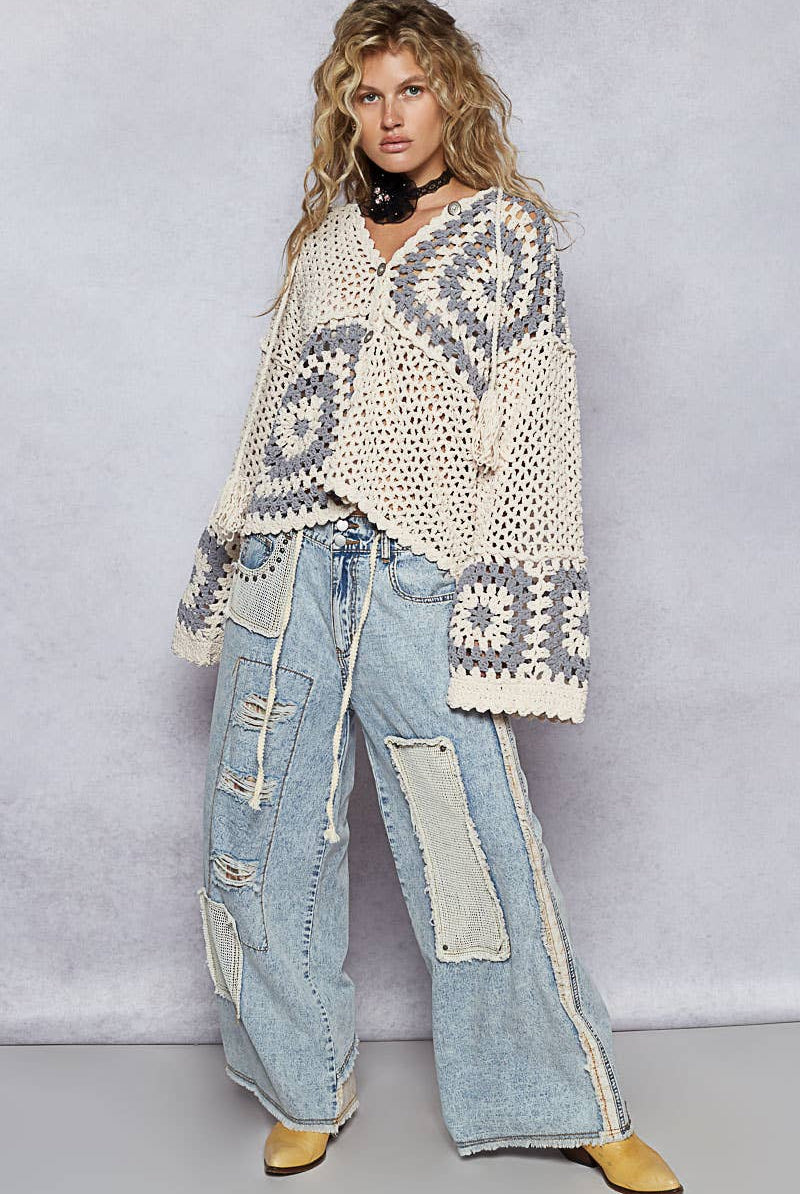 Hand knit squares hooded button closure cardigan-Sweater Cardigan-Pol Clothing-Stuffology - Where Vintage Meets Modern, A Boutique for Real Women in Crosbyton, TX