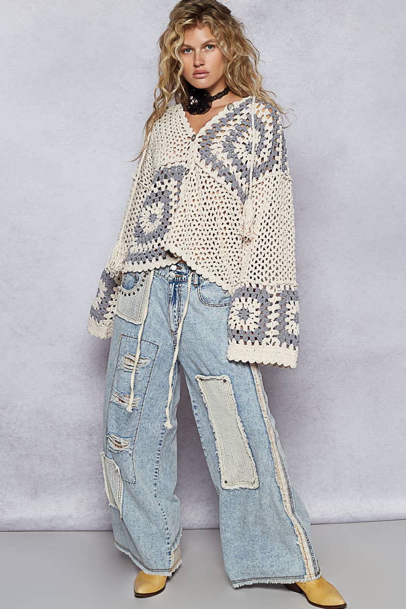 Hand knit squares hooded button closure cardigan-Sweater Cardigan-Pol Clothing-Stuffology - Where Vintage Meets Modern, A Boutique for Real Women in Crosbyton, TX