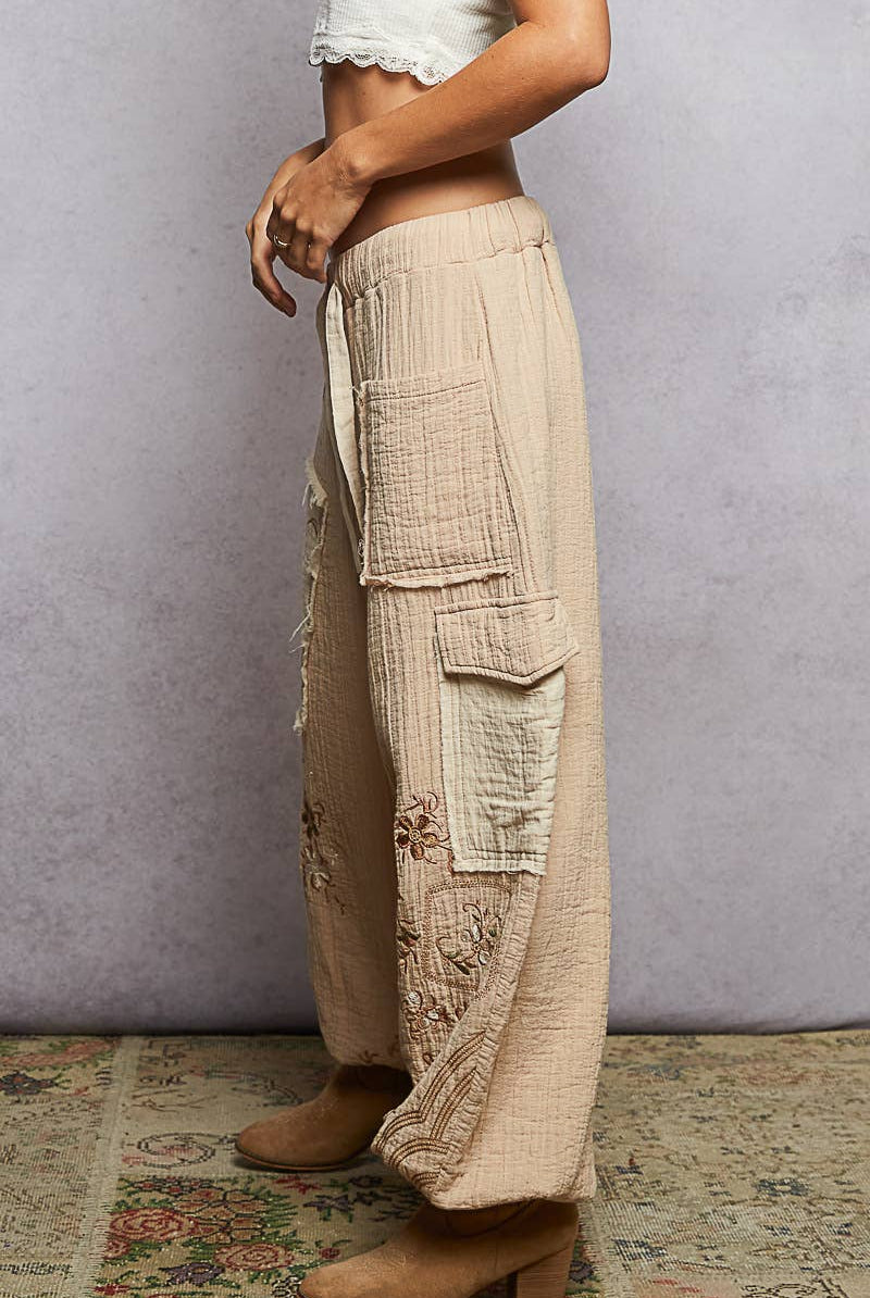 POL Clothing Double gauze floral embroidery accents patch detail pants-pants-Pol Clothing-Stuffology - Where Vintage Meets Modern, A Boutique for Real Women in Crosbyton, TX