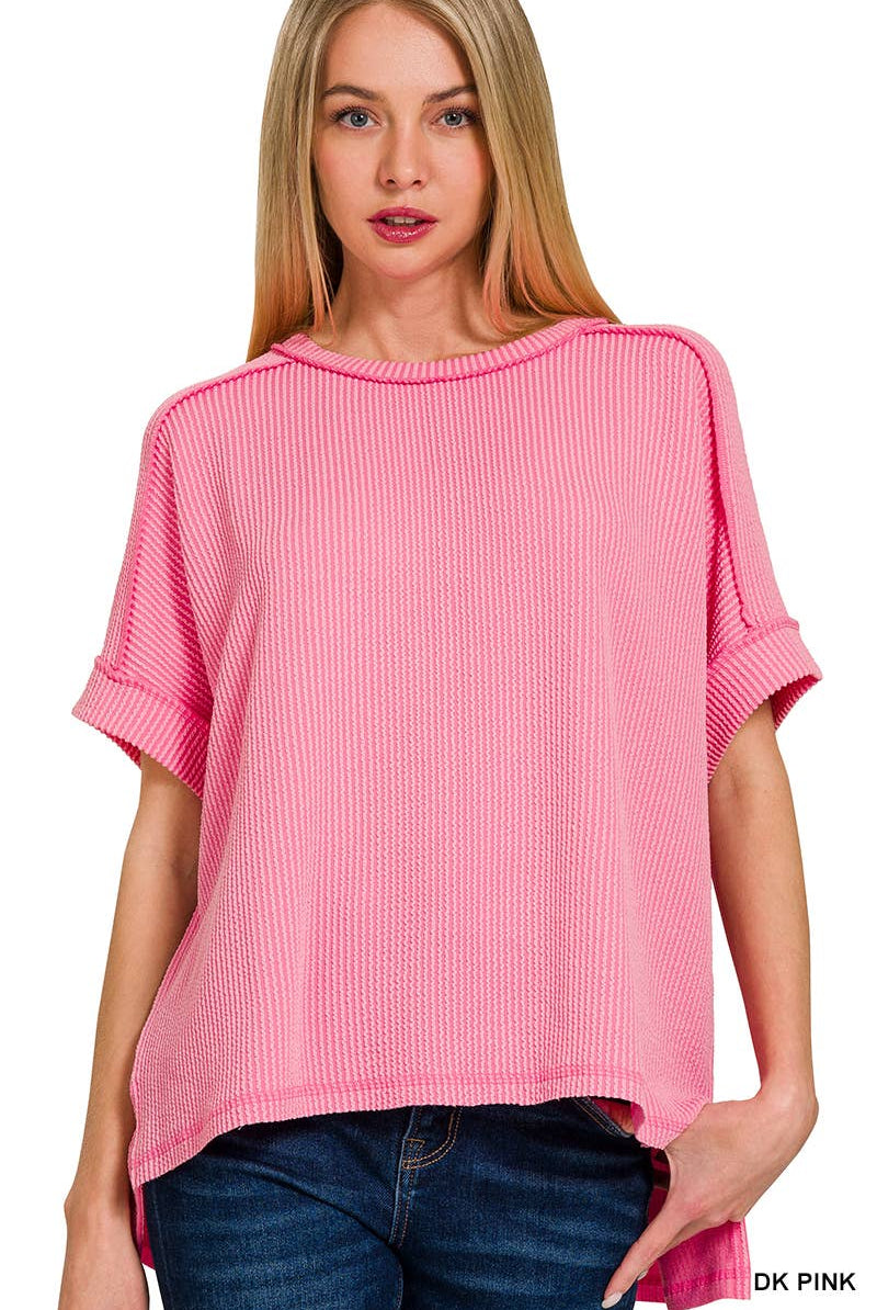 Corded Rib Short Cuff Sleeve Raw Edge Top-TOP-Stuffology Boutique-Stuffology - Where Vintage Meets Modern, A Boutique for Real Women in Crosbyton, TX