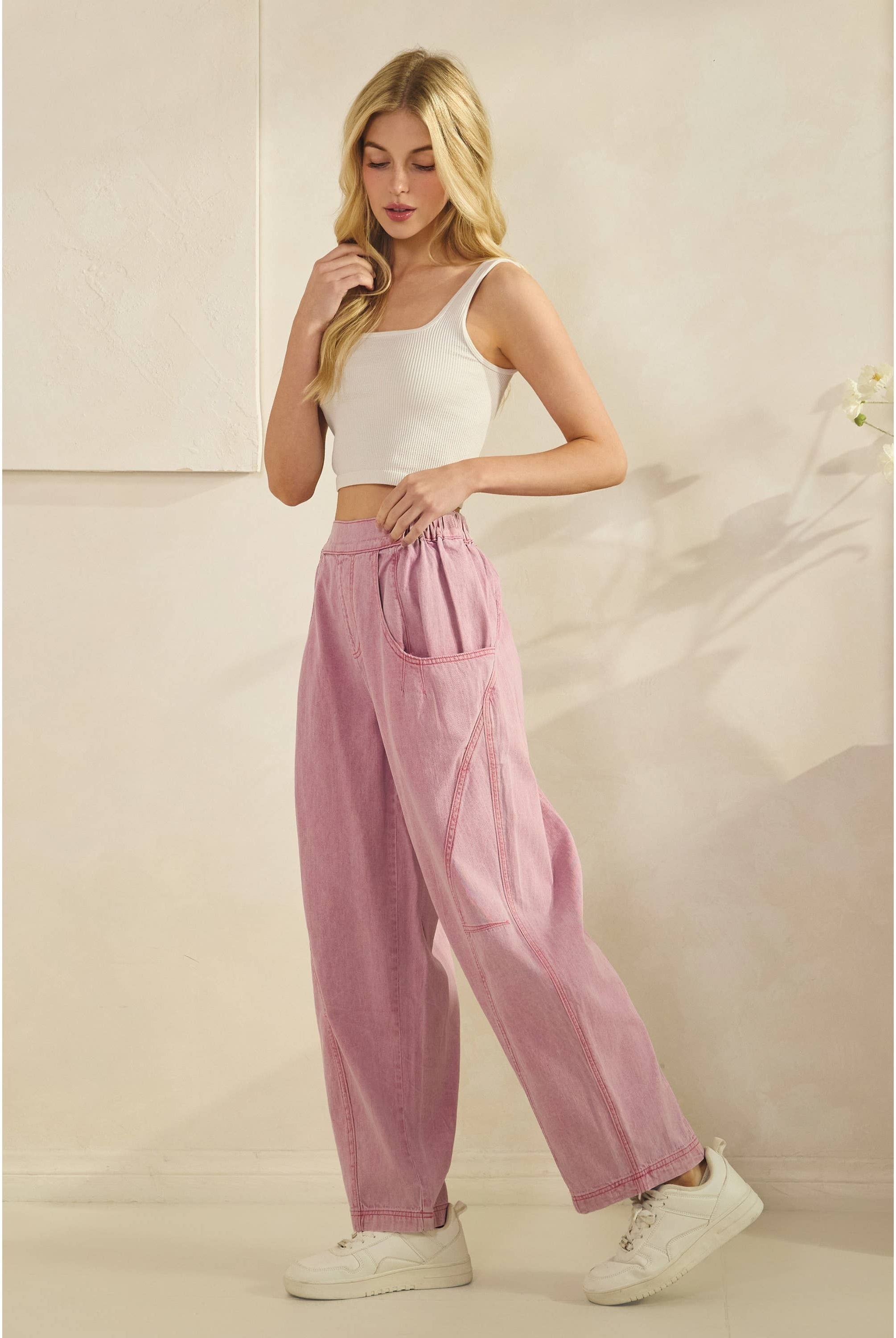 Acid Wash Wide Leg Pink Denim Pants-Pants-Sage + Fig-Stuffology - Where Vintage Meets Modern, A Boutique for Real Women in Crosbyton, TX