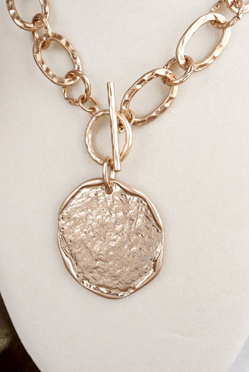 Nomad Glow – Front Toggle Statement Necklace with Hammered Disc-Necklaces-PennyLine inc-Stuffology - Where Vintage Meets Modern, A Boutique for Real Women in Crosbyton, TX