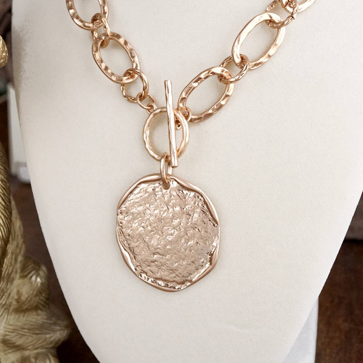 Nomad Glow – Front Toggle Statement Necklace with Hammered Disc-Necklaces-PennyLine inc-Stuffology - Where Vintage Meets Modern, A Boutique for Real Women in Crosbyton, TX