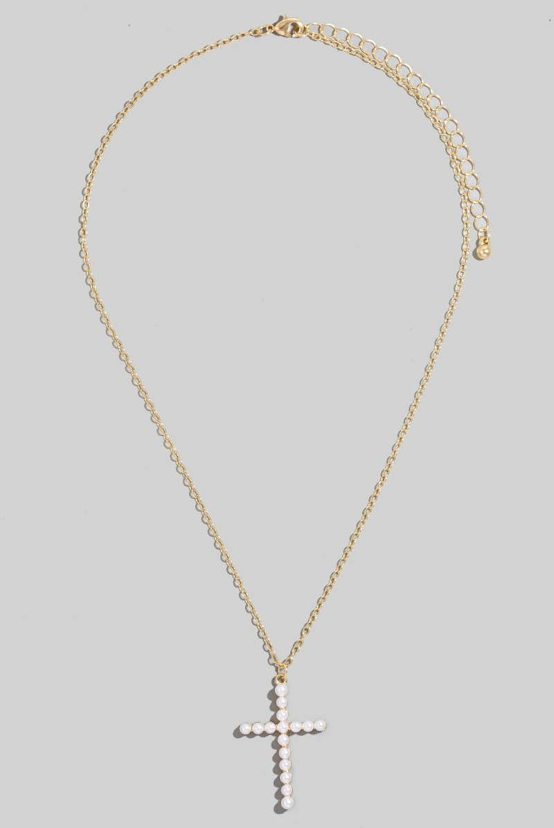 Pearl Cross Pendant Necklace-Necklaces-The Looks by Fame Accessories-Stuffology - Where Vintage Meets Modern, A Boutique for Real Women in Crosbyton, TX