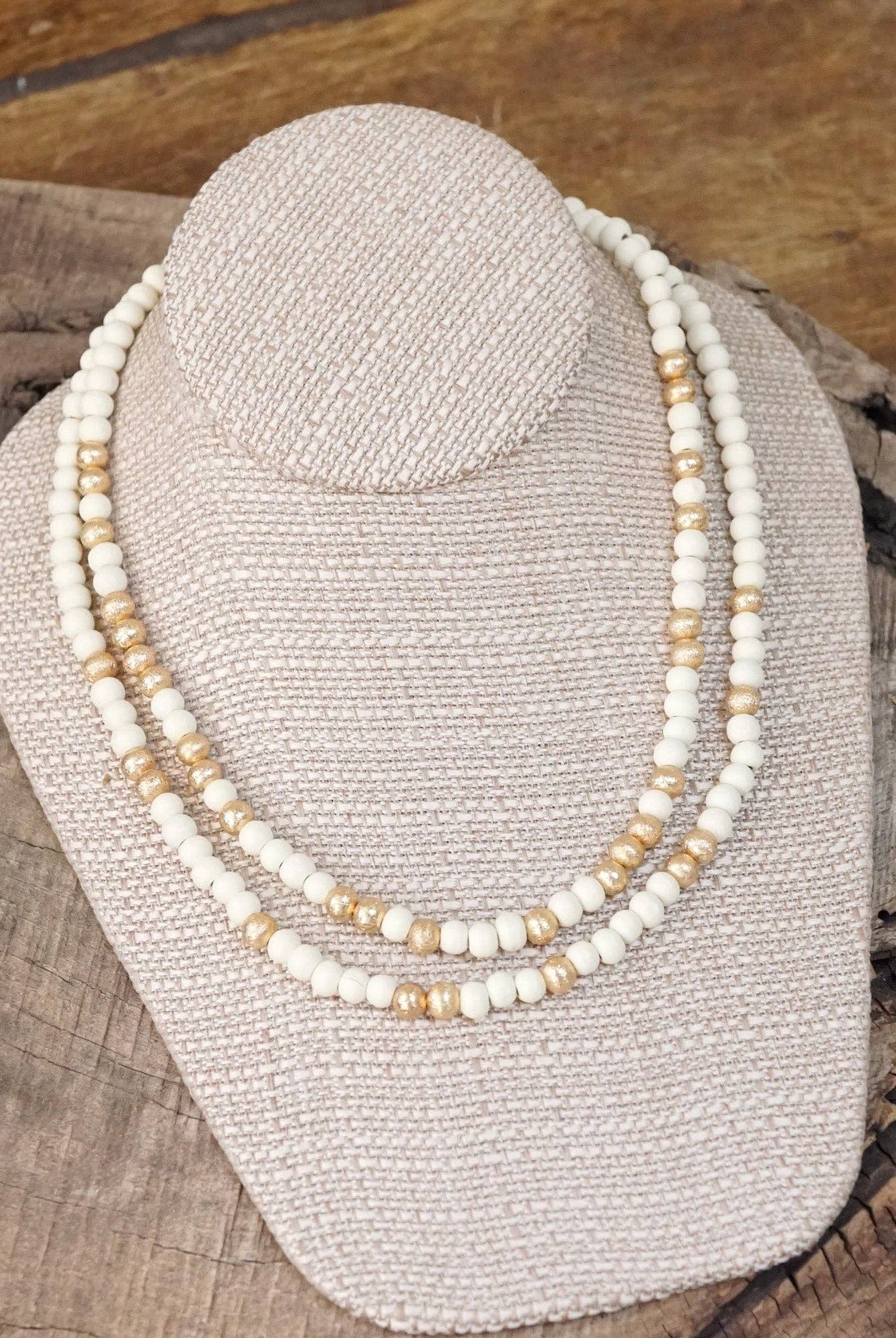 Multi Strand Wooden Beads Short Statement Necklace in Cream and Gold-PennyLine inc-Stuffology - Where Vintage Meets Modern, A Boutique for Real Women in Crosbyton, TX