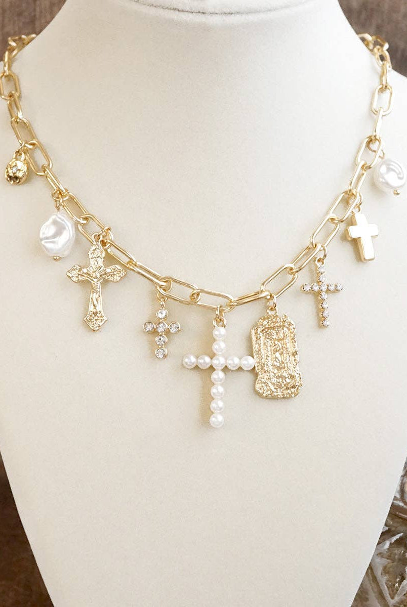 Radiant Faith – Mixed Charm Cascade Necklace in Gold Tone-Necklaces-PennyLine inc-Stuffology - Where Vintage Meets Modern, A Boutique for Real Women in Crosbyton, TX