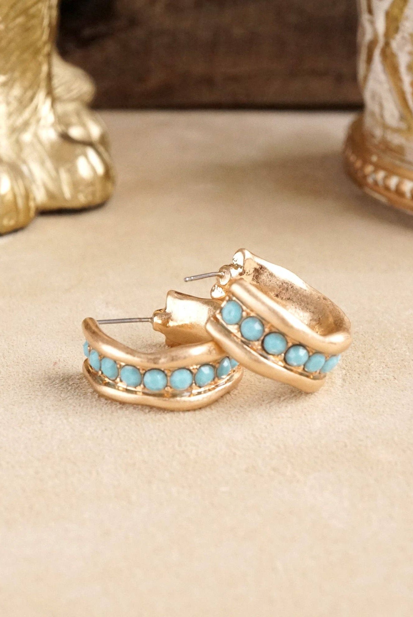 Minimalist Hoops with Faux Pearls or Turquoise – Brushed Gold-Earrings-PennyLine inc-Stuffology - Where Vintage Meets Modern, A Boutique for Real Women in Crosbyton, TX