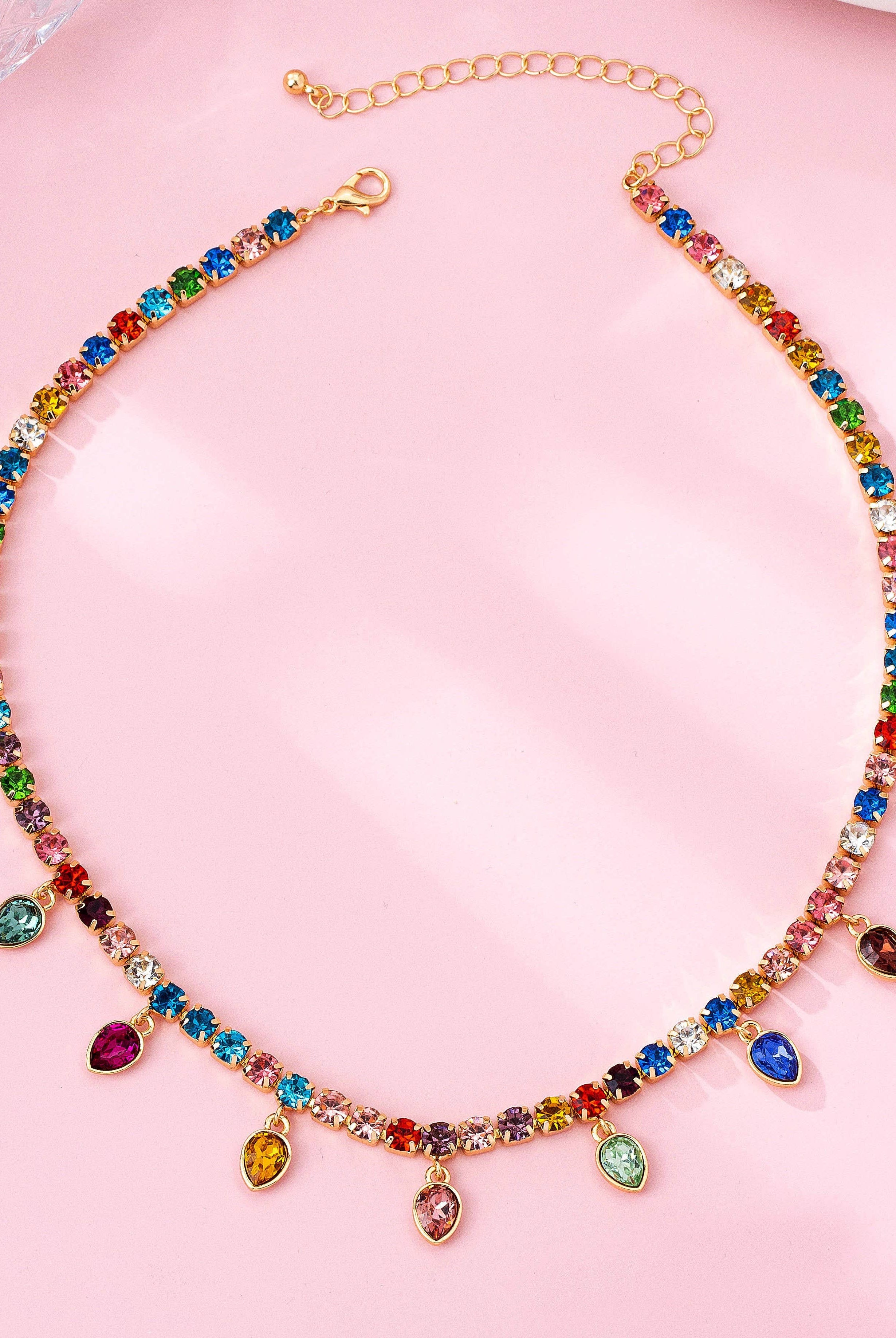 Multicolor Glass Crystal Tennis Teardrop Necklace | 80N92890-Necklaces-JOSSLYN by wall to wall-Stuffology - Where Vintage Meets Modern, A Boutique for Real Women in Crosbyton, TX