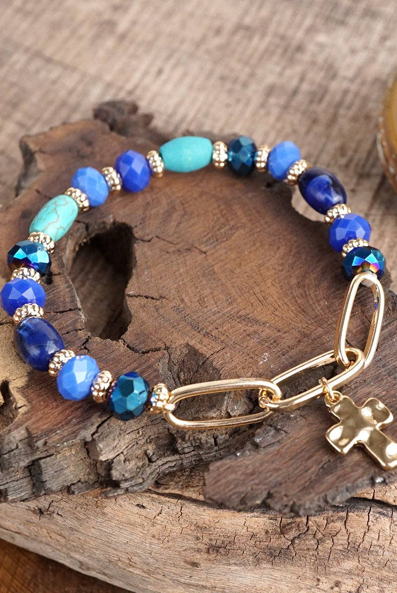 Azure Faith – Beaded Cross Charm and Chain Bracelet-Bracelets-PennyLine inc-Stuffology - Where Vintage Meets Modern, A Boutique for Real Women in Crosbyton, TX