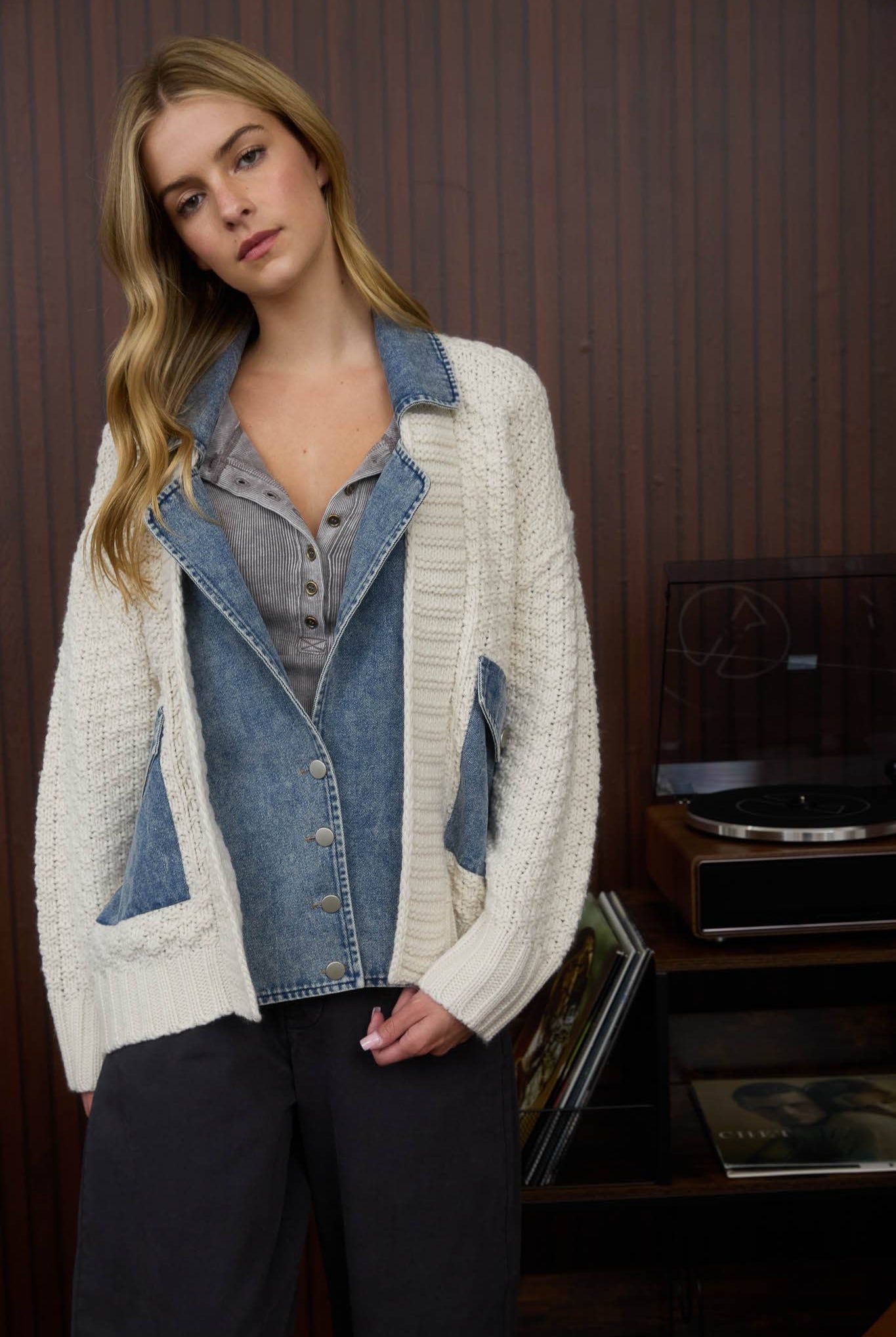 MIXED MEDIA CABLE KNIT DENIM TRIM JACKET-J.O.A-Stuffology - Where Vintage Meets Modern, A Boutique for Real Women in Crosbyton, TX