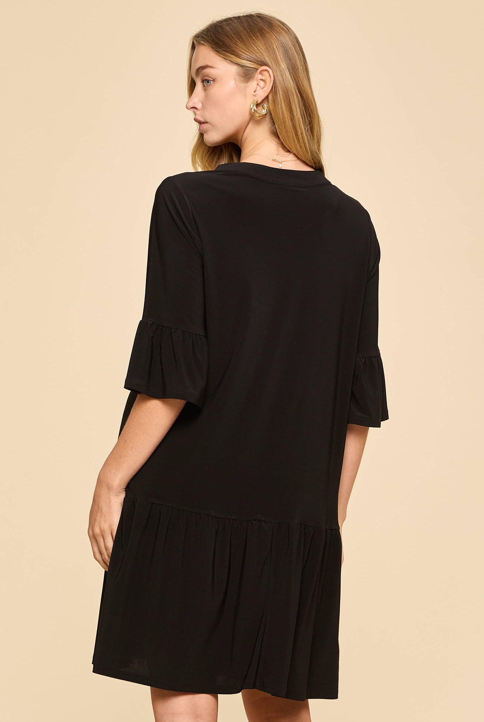 Shirred Tiered Relaxed 3/4 Sleeve Dress-Dresses-Dear Scarlett-Stuffology - Where Vintage Meets Modern, A Boutique for Real Women in Crosbyton, TX