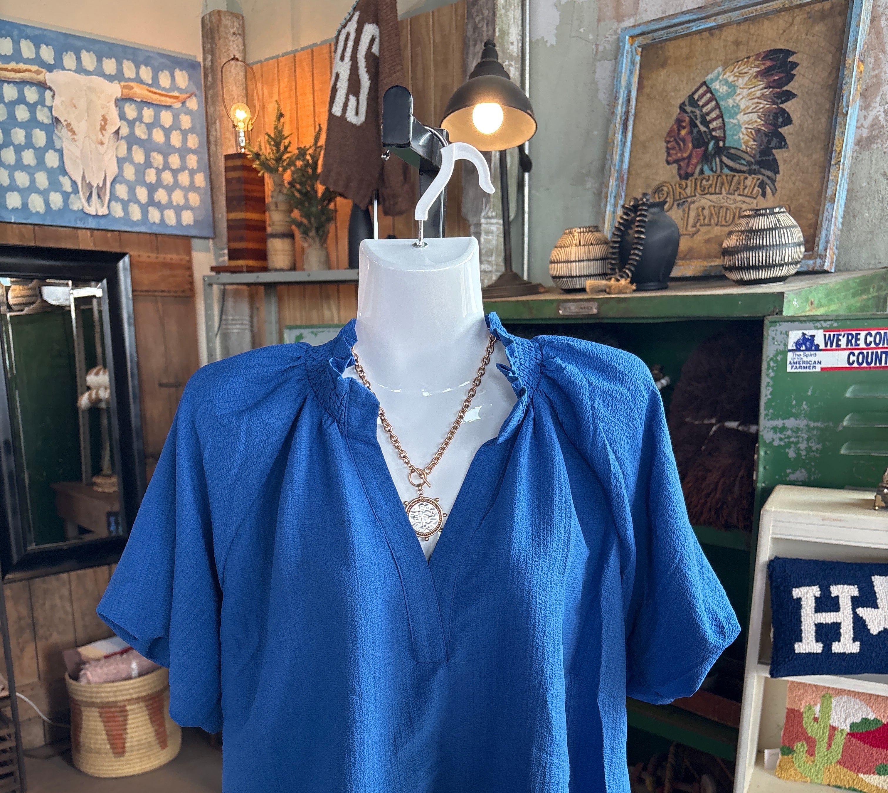 Scalloped Hem Texture Blouse - Ocean Blue-Umgee-Stuffology - Where Vintage Meets Modern, A Boutique for Real Women in Crosbyton, TX