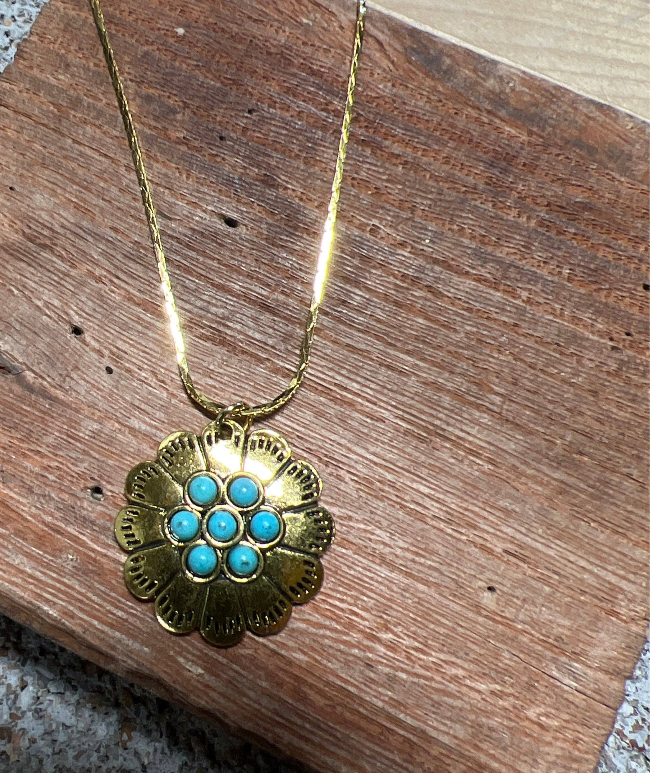 Turquoise Bloom Pendant Necklace – Gold-Necklaces-Turquoise Haven-Stuffology - Where Vintage Meets Modern, A Boutique for Real Women in Crosbyton, TX