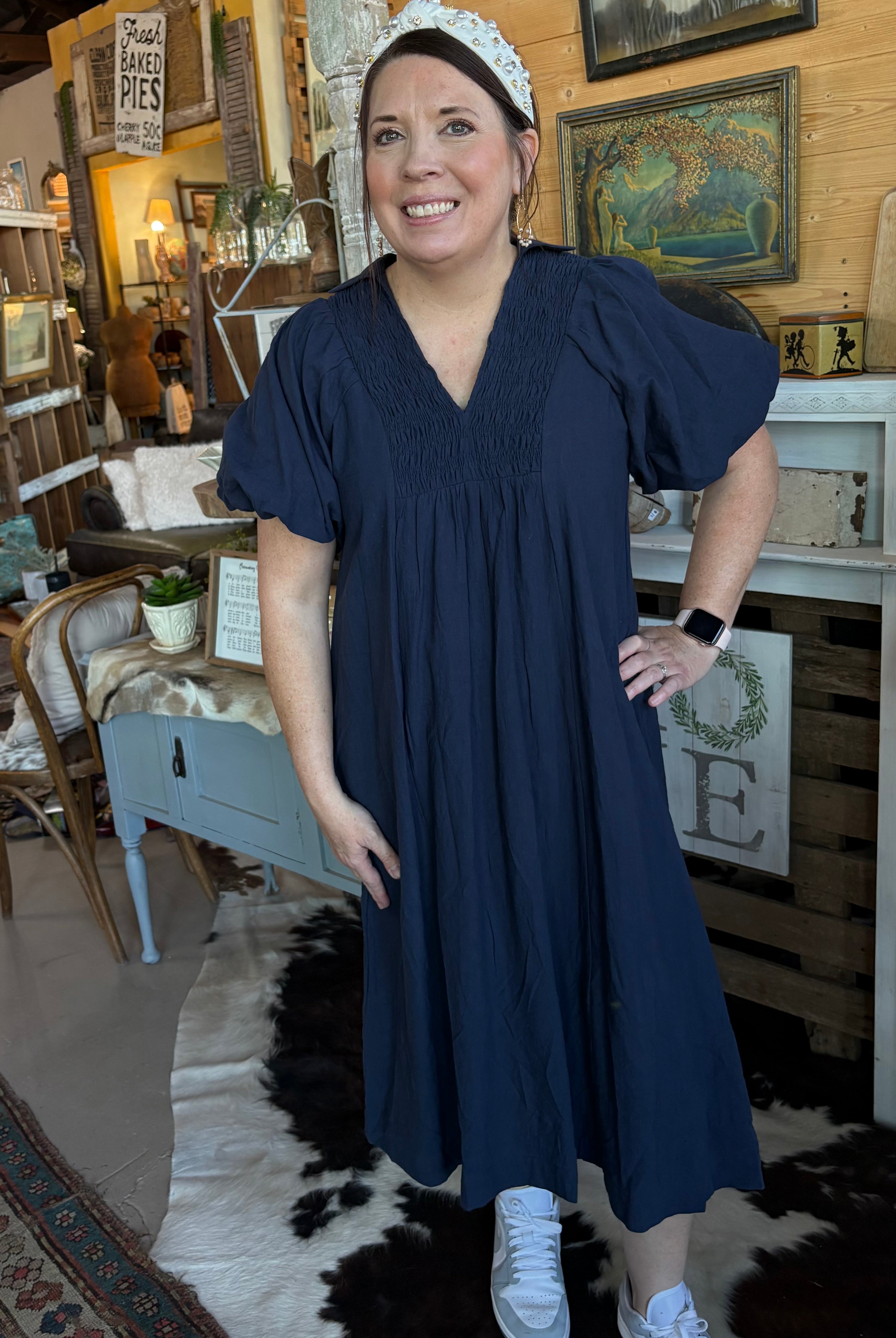 Navy Smocked Front Yoke Midi Dress-Dresses-Umgee-Stuffology - Where Vintage Meets Modern, A Boutique for Real Women in Crosbyton, TX