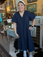 Navy Smocked Front Yoke Midi Dress-Dresses-Umgee-Stuffology - Where Vintage Meets Modern, A Boutique for Real Women in Crosbyton, TX