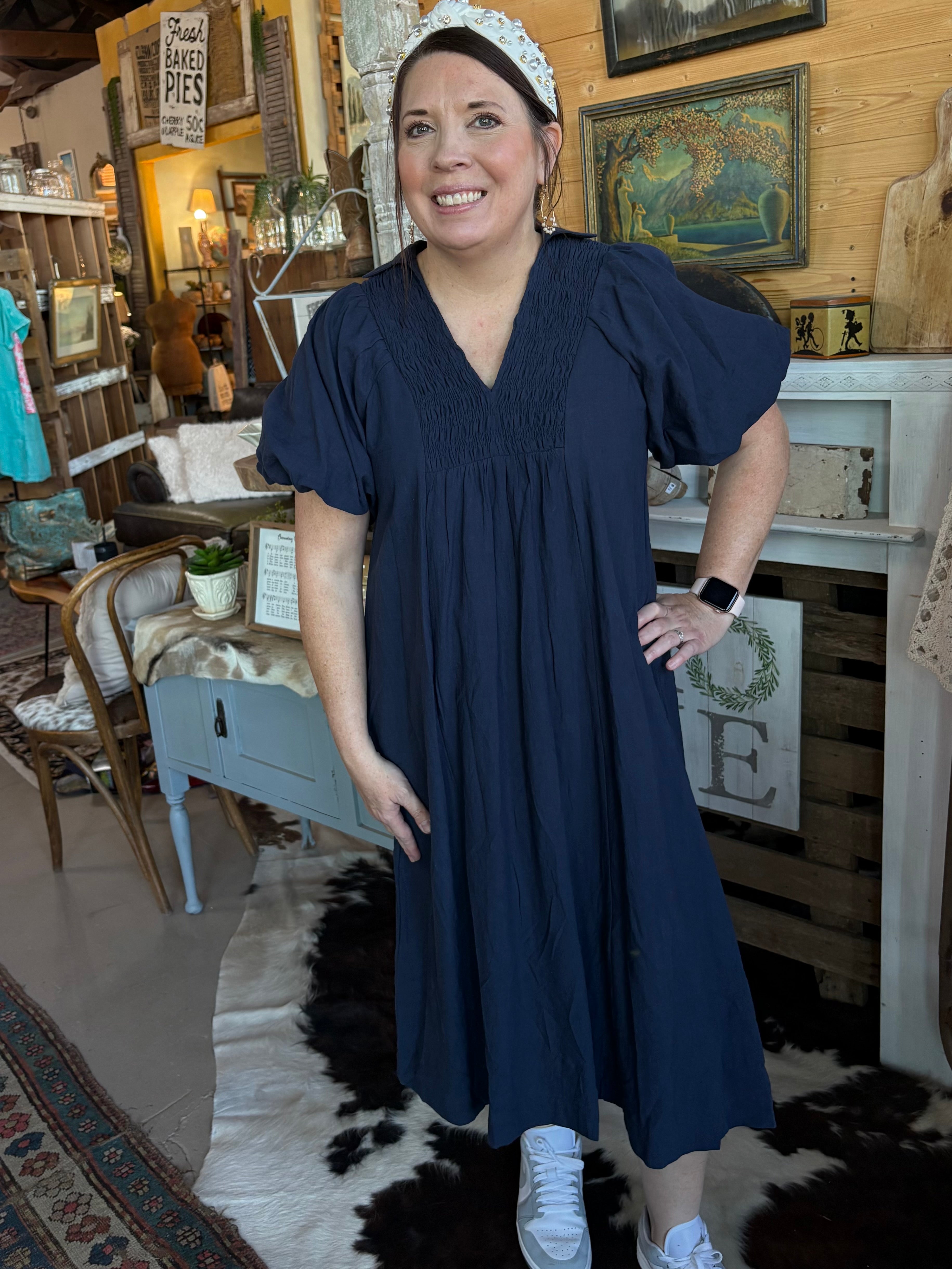 Navy Smocked Front Yoke Midi Dress-Dresses-Umgee-Stuffology - Where Vintage Meets Modern, A Boutique for Real Women in Crosbyton, TX