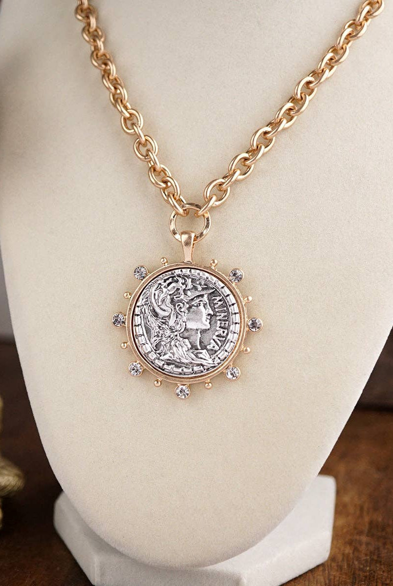 Radiant Relic – Coin Medallion Necklace with Crystal Halo-Necklaces-PennyLine inc-Stuffology - Where Vintage Meets Modern, A Boutique for Real Women in Crosbyton, TX