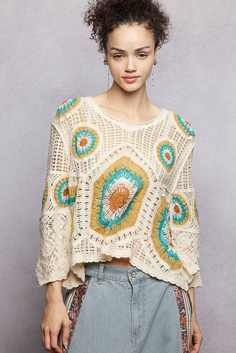V-Neck Granny Circle Motif Scalloped Edge Crochet Top-Crochet Top-Pol Clothing-Stuffology - Where Vintage Meets Modern, A Boutique for Real Women in Crosbyton, TX