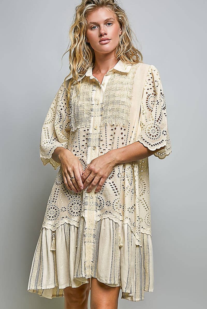 Boho Lace Panel Tassel Tie Detail Eyelet Shirt Dress-Dresses-Pol Clothing-Stuffology - Where Vintage Meets Modern, A Boutique for Real Women in Crosbyton, TX