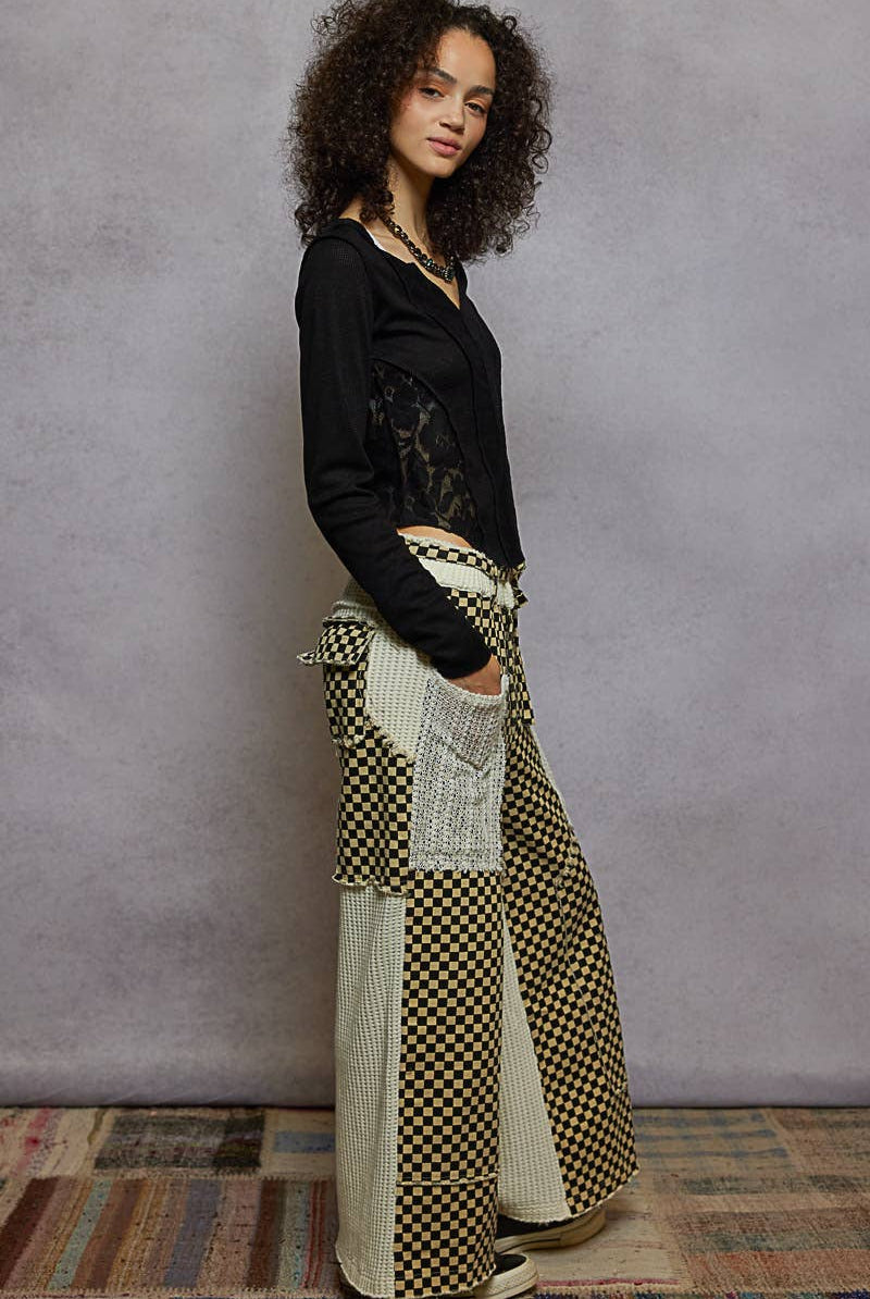 POL Clothing Checkered Patchwork Wide-Leg Pants-Pants-Pol Clothing-Stuffology - Where Vintage Meets Modern, A Boutique for Real Women in Crosbyton, TX