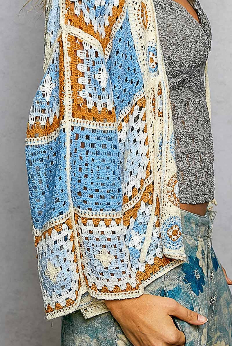 Granny Square 3/4 Sleeve Crochet Cardigan Top-Cardigan-Pol Clothing-Stuffology - Where Vintage Meets Modern, A Boutique for Real Women in Crosbyton, TX