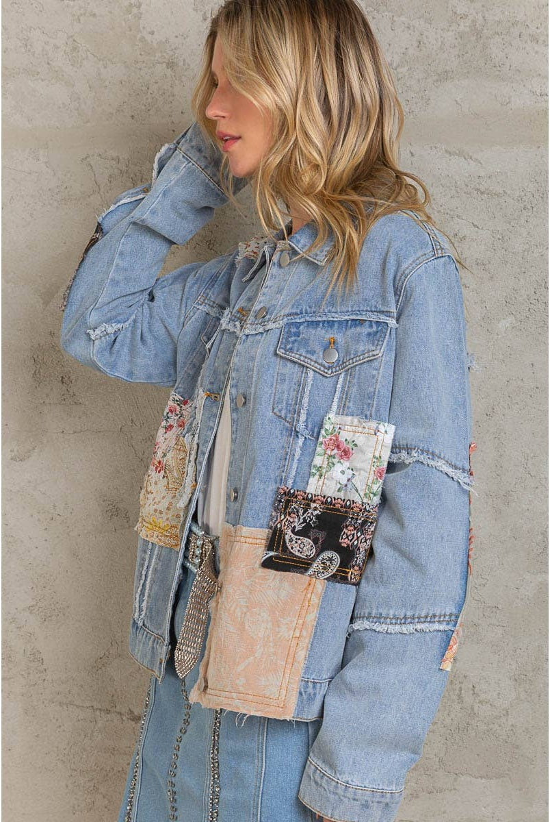 Distressed Outseam Patch Detail Button Down Denim Jacket /Stuffology Boutique-Jackets-Pol Clothing-Stuffology - Where Vintage Meets Modern, A Boutique for Real Women in Crosbyton, TX