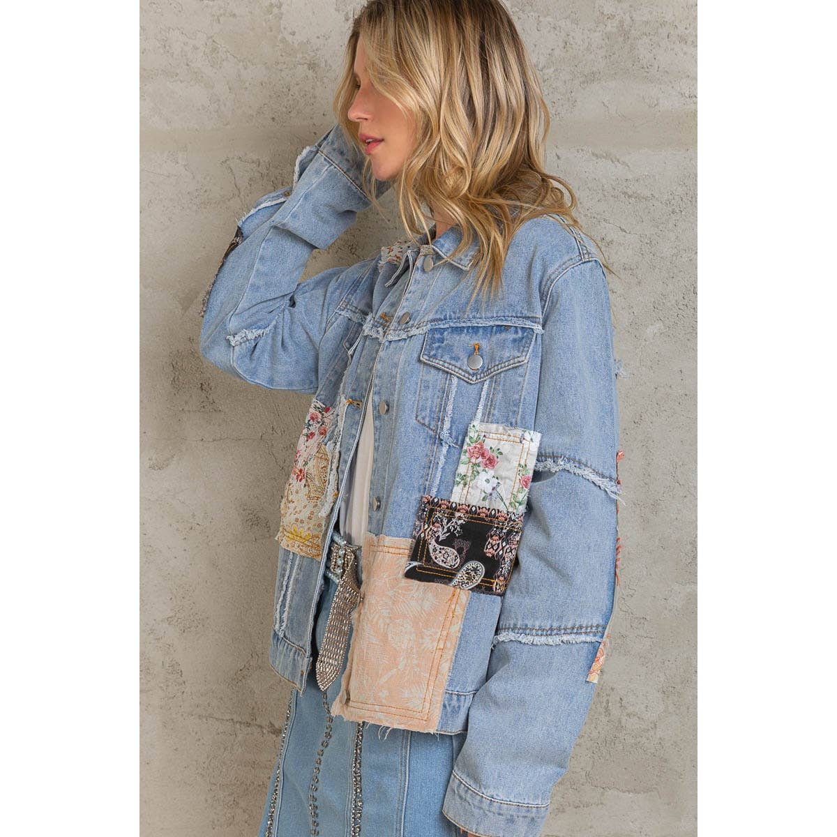 Distressed Outseam Patch Detail Button Down Denim Jacket /Stuffology Boutique-Jackets-Pol Clothing-Stuffology - Where Vintage Meets Modern, A Boutique for Real Women in Crosbyton, TX