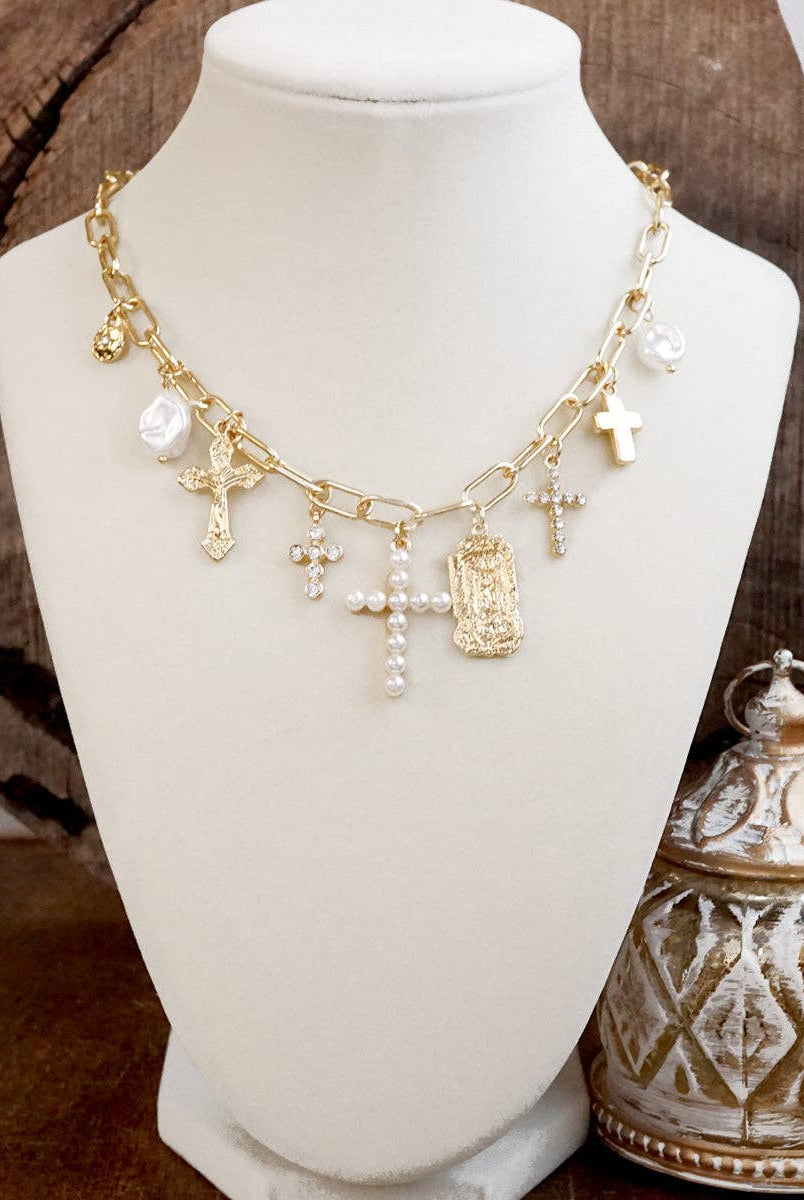Radiant Faith – Mixed Charm Cascade Necklace in Gold Tone-Necklaces-PennyLine inc-Stuffology - Where Vintage Meets Modern, A Boutique for Real Women in Crosbyton, TX