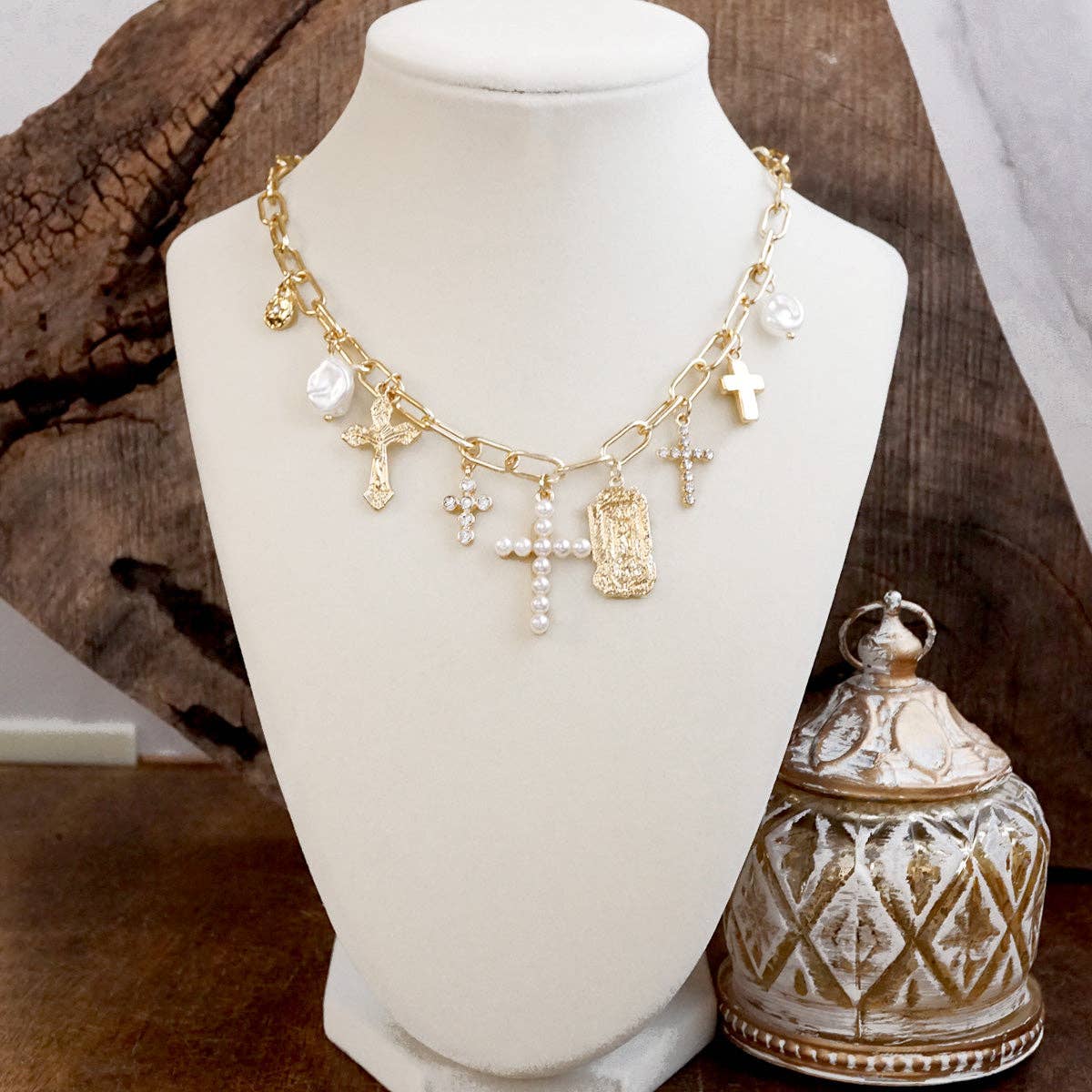 Radiant Faith – Mixed Charm Cascade Necklace in Gold Tone-Necklaces-PennyLine inc-Stuffology - Where Vintage Meets Modern, A Boutique for Real Women in Crosbyton, TX
