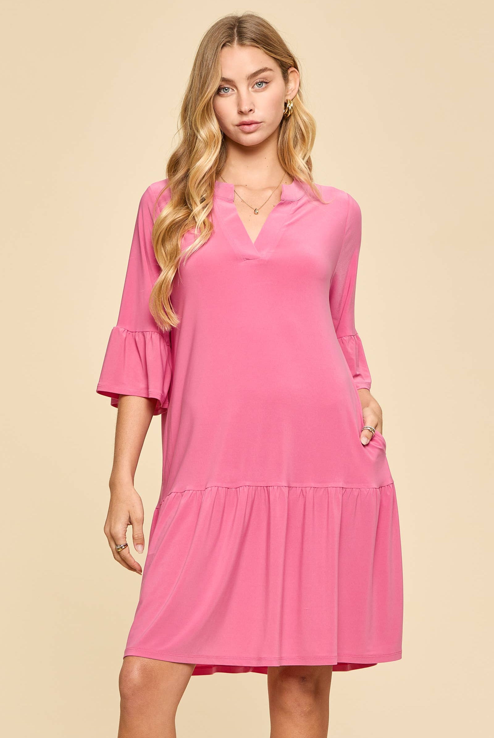 Shirred Tiered Relaxed 3/4 Sleeve Dress-Dresses-Dear Scarlett-Stuffology - Where Vintage Meets Modern, A Boutique for Real Women in Crosbyton, TX