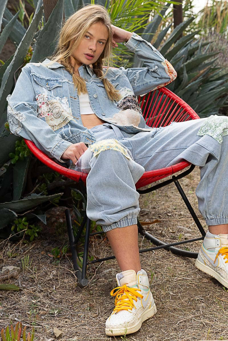 Distressed Outseam Patch Detail Button Down Denim Jacket /Stuffology Boutique-Jackets-Pol Clothing-Stuffology - Where Vintage Meets Modern, A Boutique for Real Women in Crosbyton, TX