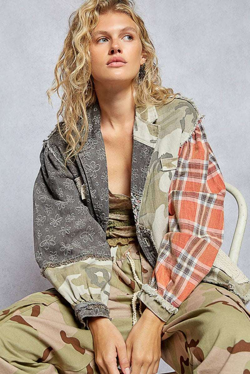 Oversized balloon sleeve camo pattern twill jacket-Jackets-Pol Clothing-Stuffology - Where Vintage Meets Modern, A Boutique for Real Women in Crosbyton, TX