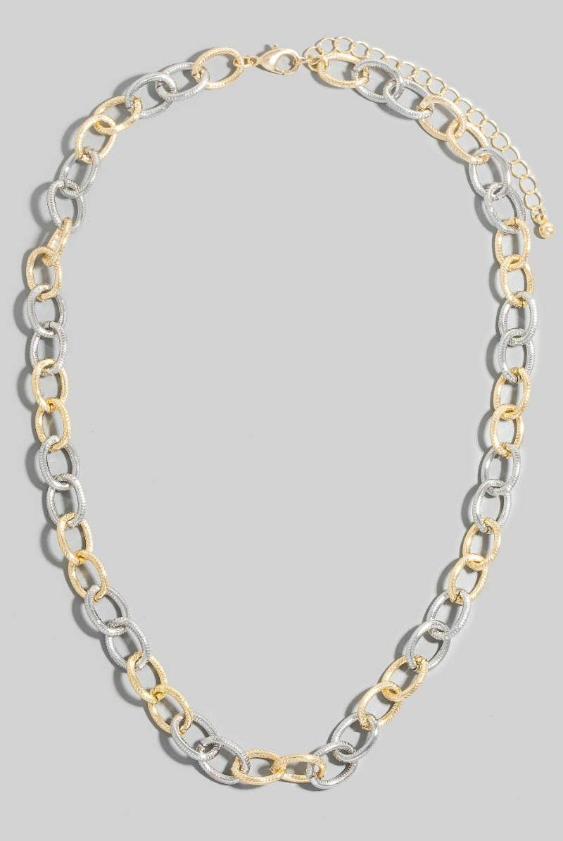 Textured Two Tone Oval Chain Link Necklace-The Looks by Fame Accessories-Stuffology - Where Vintage Meets Modern, A Boutique for Real Women in Crosbyton, TX