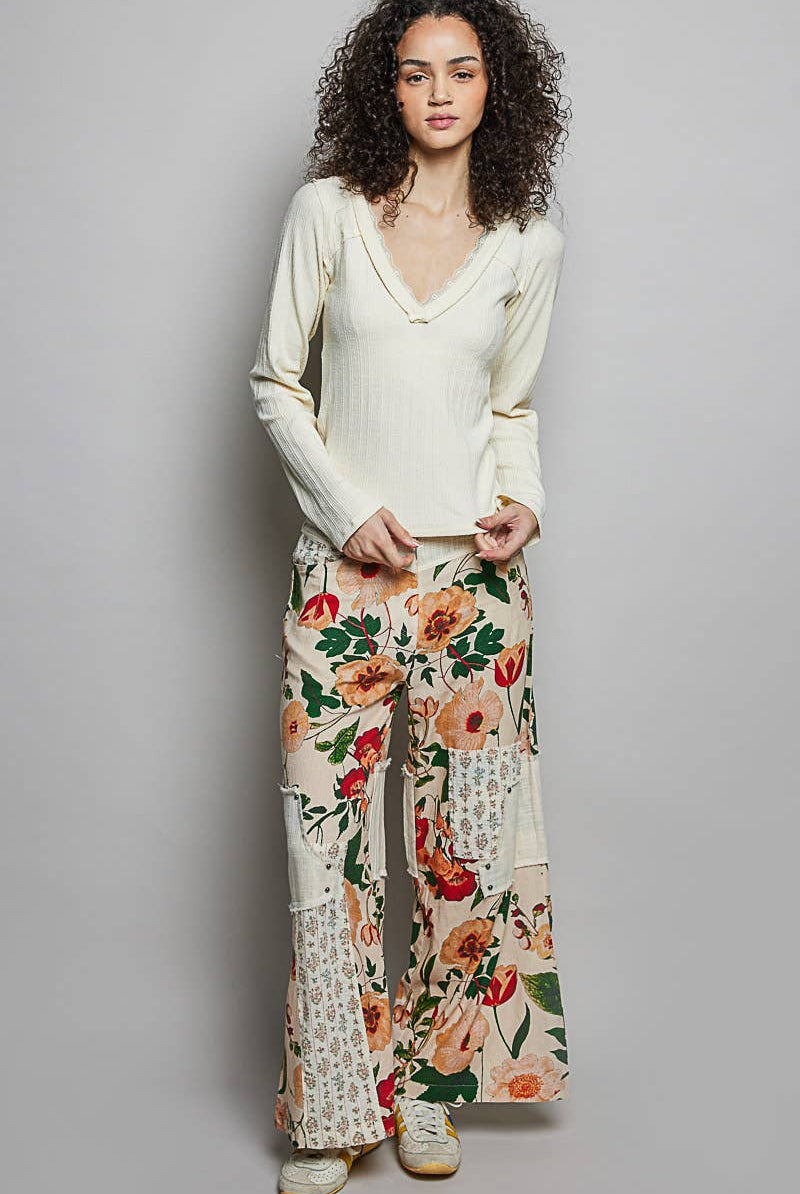 Stud Detail Floral Woven Striped Contrast Straight Pants-Pants-Pol Clothing-Stuffology - Where Vintage Meets Modern, A Boutique for Real Women in Crosbyton, TX