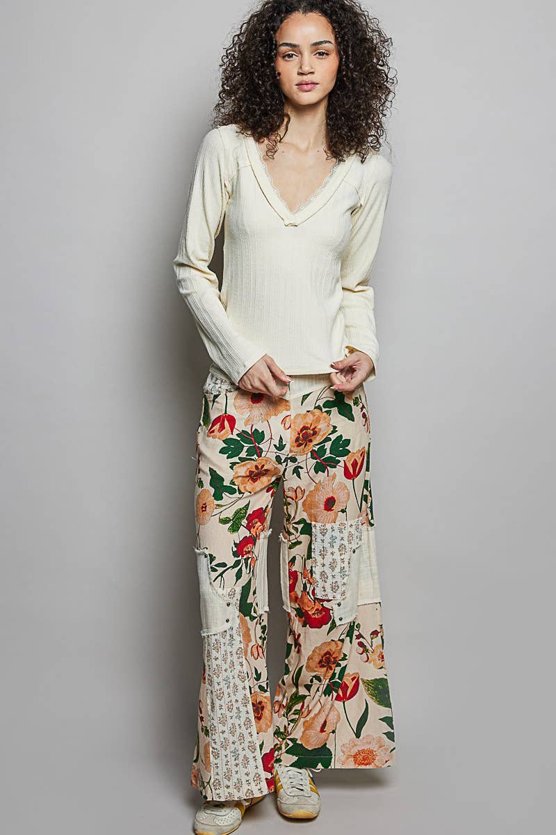 Stud Detail Floral Woven Striped Contrast Straight Pants-Pants-Pol Clothing-Stuffology - Where Vintage Meets Modern, A Boutique for Real Women in Crosbyton, TX