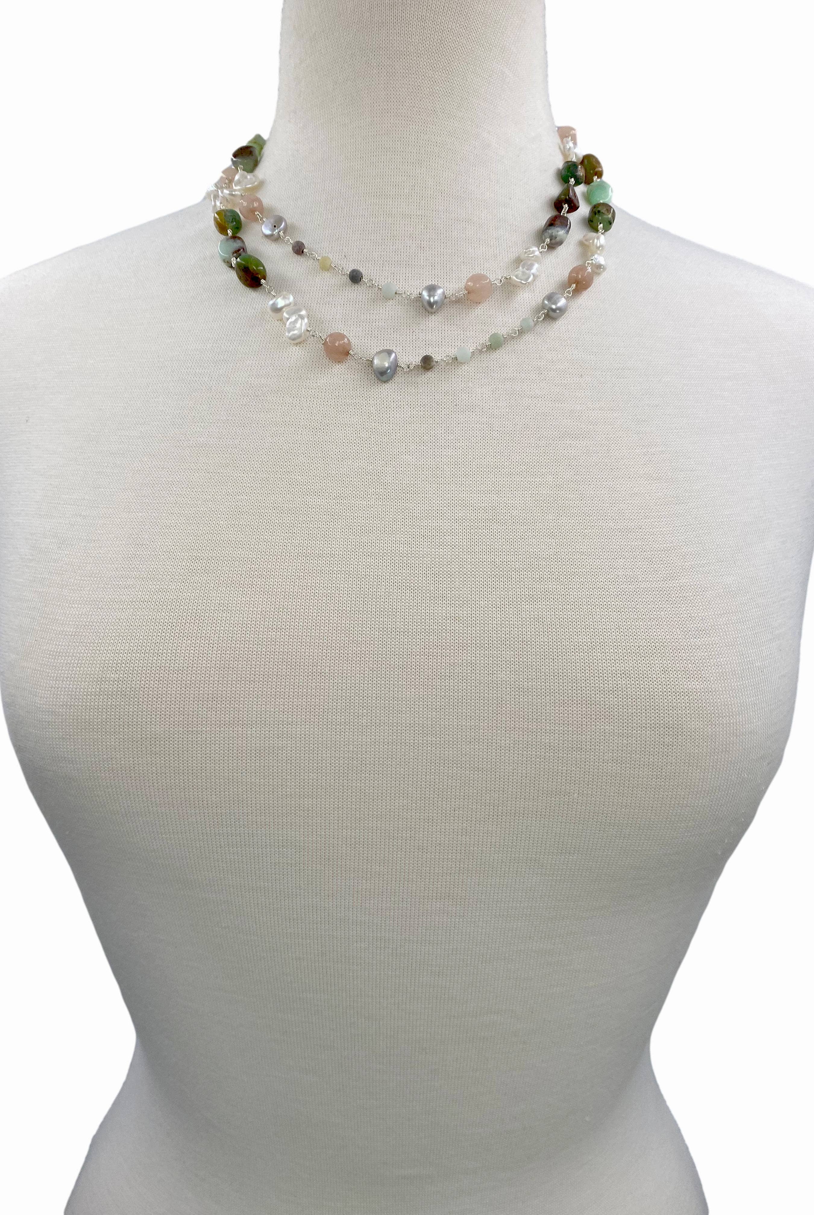 Chrysoprase & Cultured Pearl Long Necklace-Necklaces-IST Jewelry-Stuffology - Where Vintage Meets Modern, A Boutique for Real Women in Crosbyton, TX