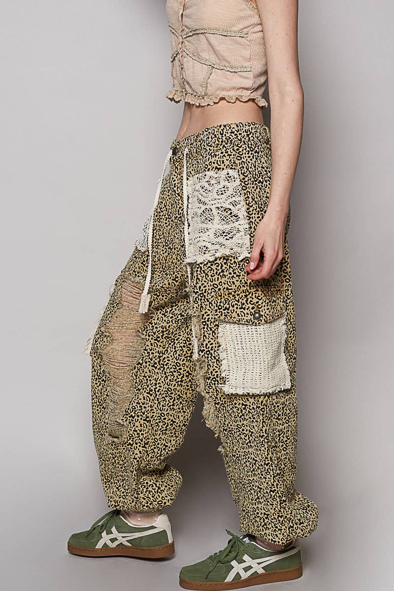 POL Clothing Sand Leopard Vintage Wash Crochet Patch Distressed Jogger Pants-Pants-Pol Clothing-Stuffology - Where Vintage Meets Modern, A Boutique for Real Women in Crosbyton, TX