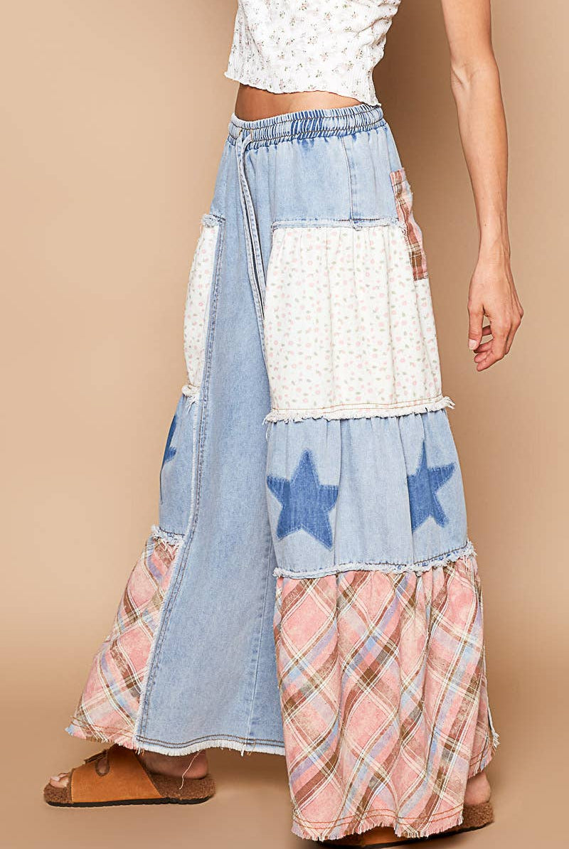 Star patch detail solid chambray wide pants-Pants-Pol Clothing-Stuffology - Where Vintage Meets Modern, A Boutique for Real Women in Crosbyton, TX